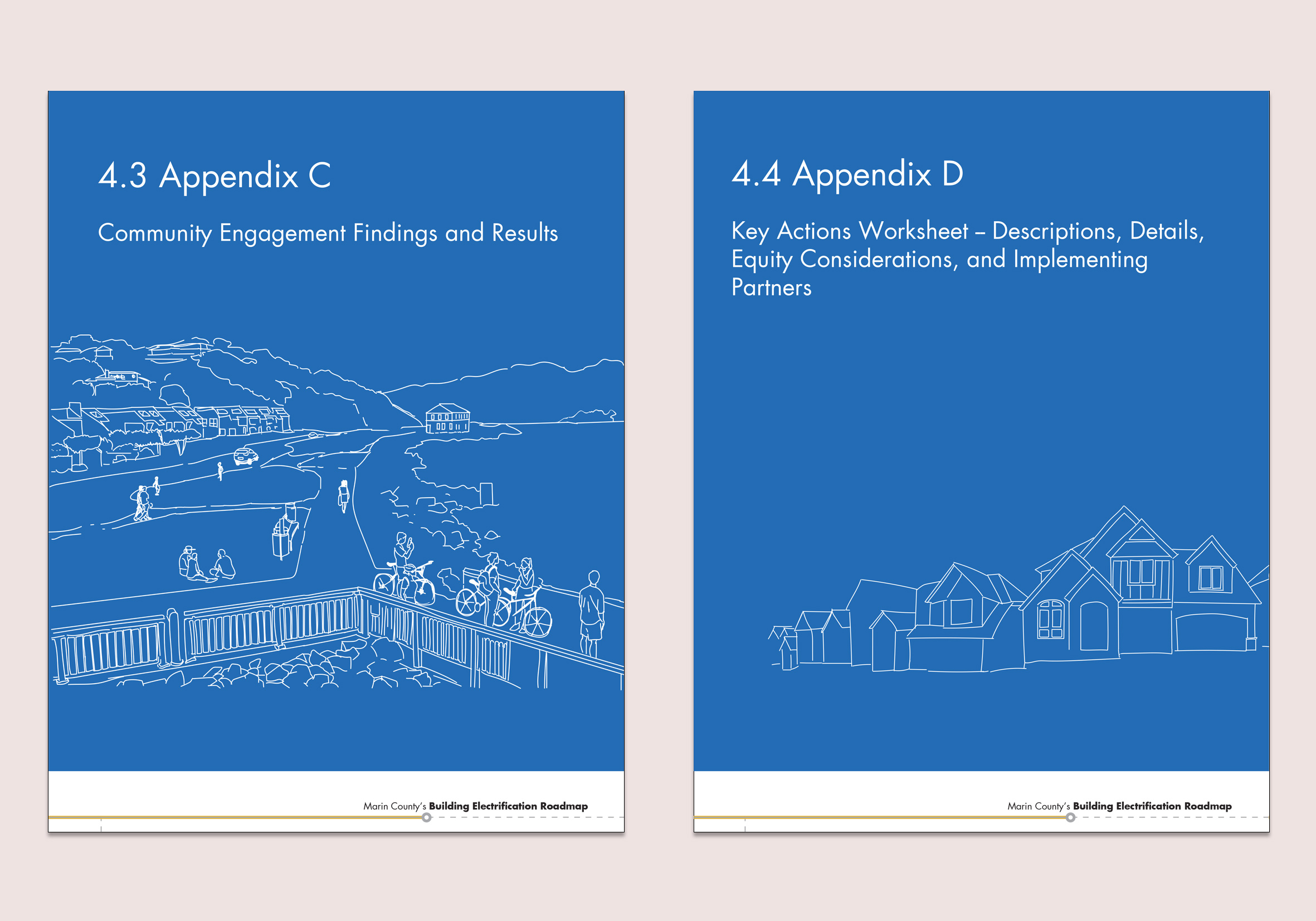 Illustrated covers for Appendix C and Appendix D. Appendix C: Residents and cyclists enjoy day out at the Tiburon pier. Appendix D: A neighborhood block with a few homes.