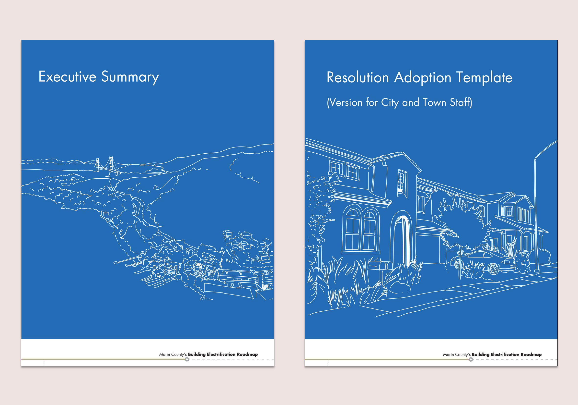Illustrated interior covers for the Executive Summary section and Resolution Adoption Template section. Executive Summary cover: A line illustration of the Marin Headlands and the Golden Gate Bridge in the distance. Resolution Adoption Template cover: A three-quarter close-up of residential condos with trees and bushes. A car is parked in the driveway.