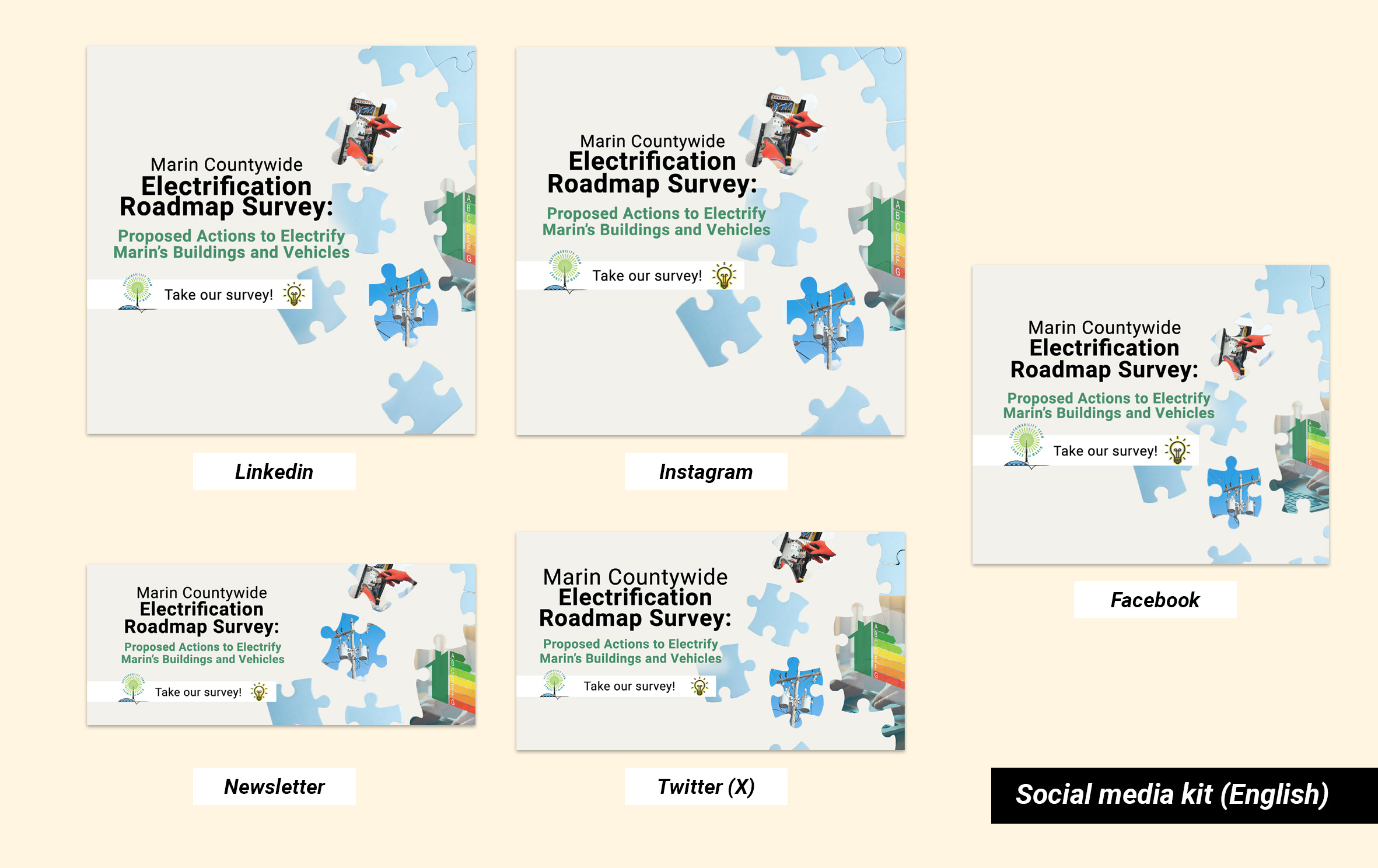 Social media posts (English-language versions) created for Facebook, Instagram, Twitter (X), Linkedin, and a newsletter.