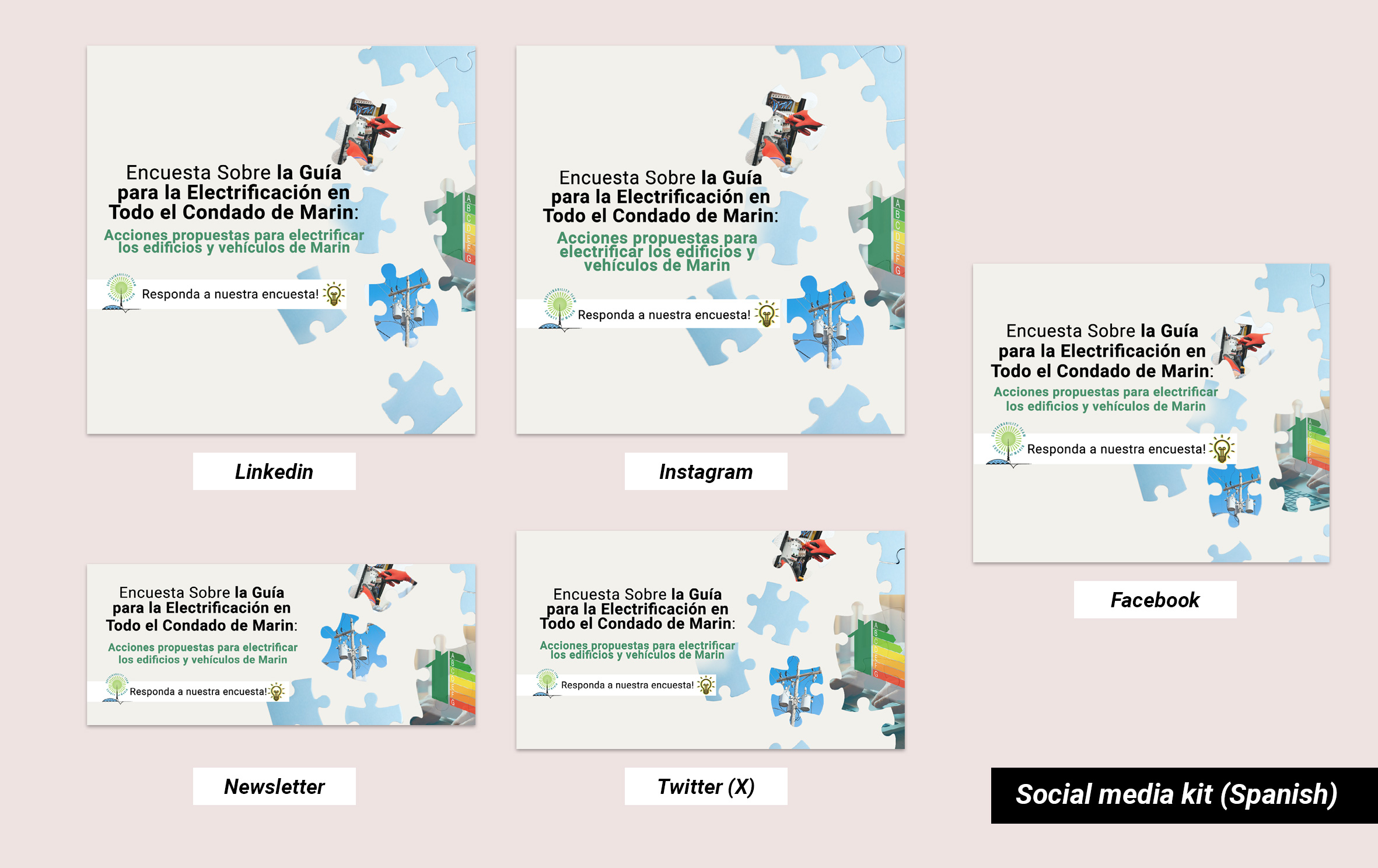 Social media posts (Spanish-language versions) created for Facebook, Instagram, Twitter (X), Linkedin, and a newsletter.